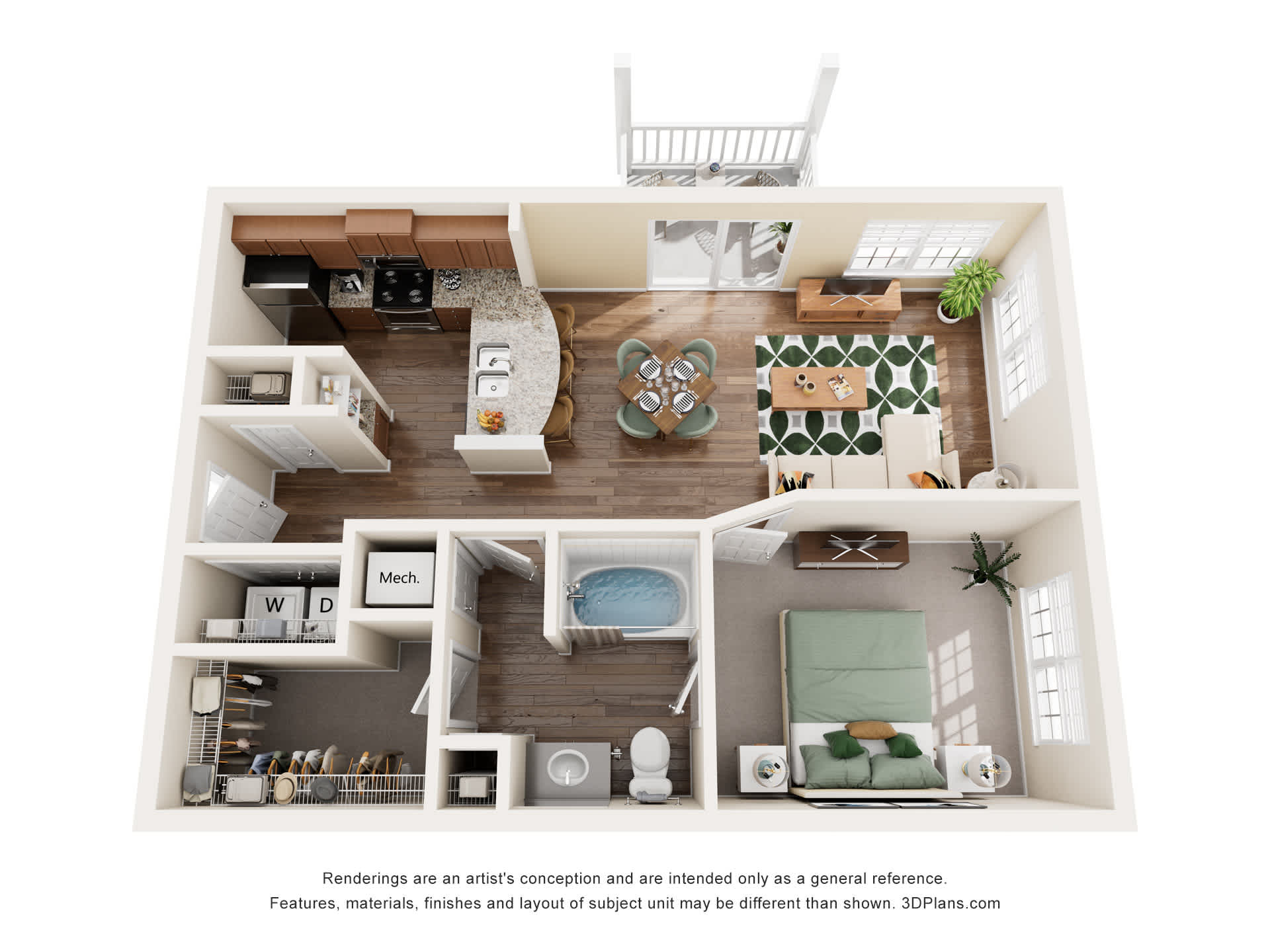 Rose Heights Apartments A1 1 bed 1 bath floor plan image - Raleigh, NC